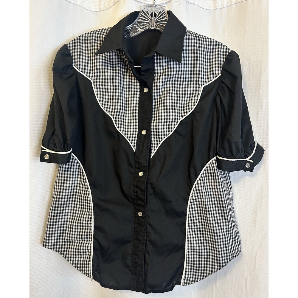 VTG Handmade Womens Short Sleeve Western Shirt M/L Pearl Snap Black Rockabilly